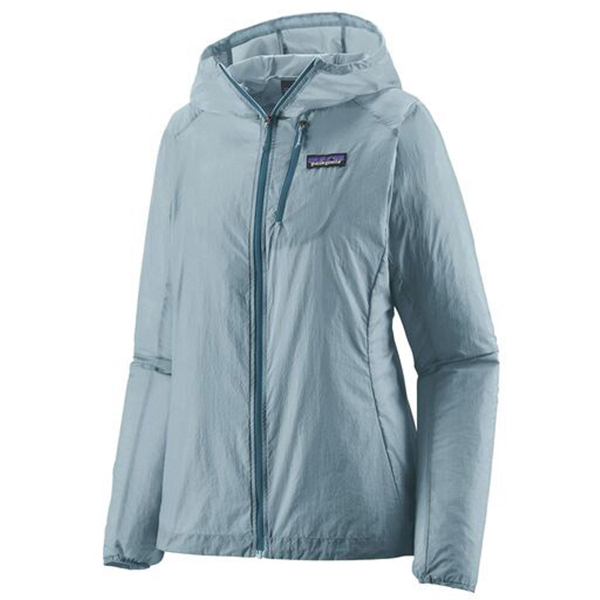 Patagonia Women's Houdini Jacket in light blue with hood and full zip