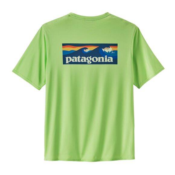 Patagonia Men's green t-shirt with mountain logo on back