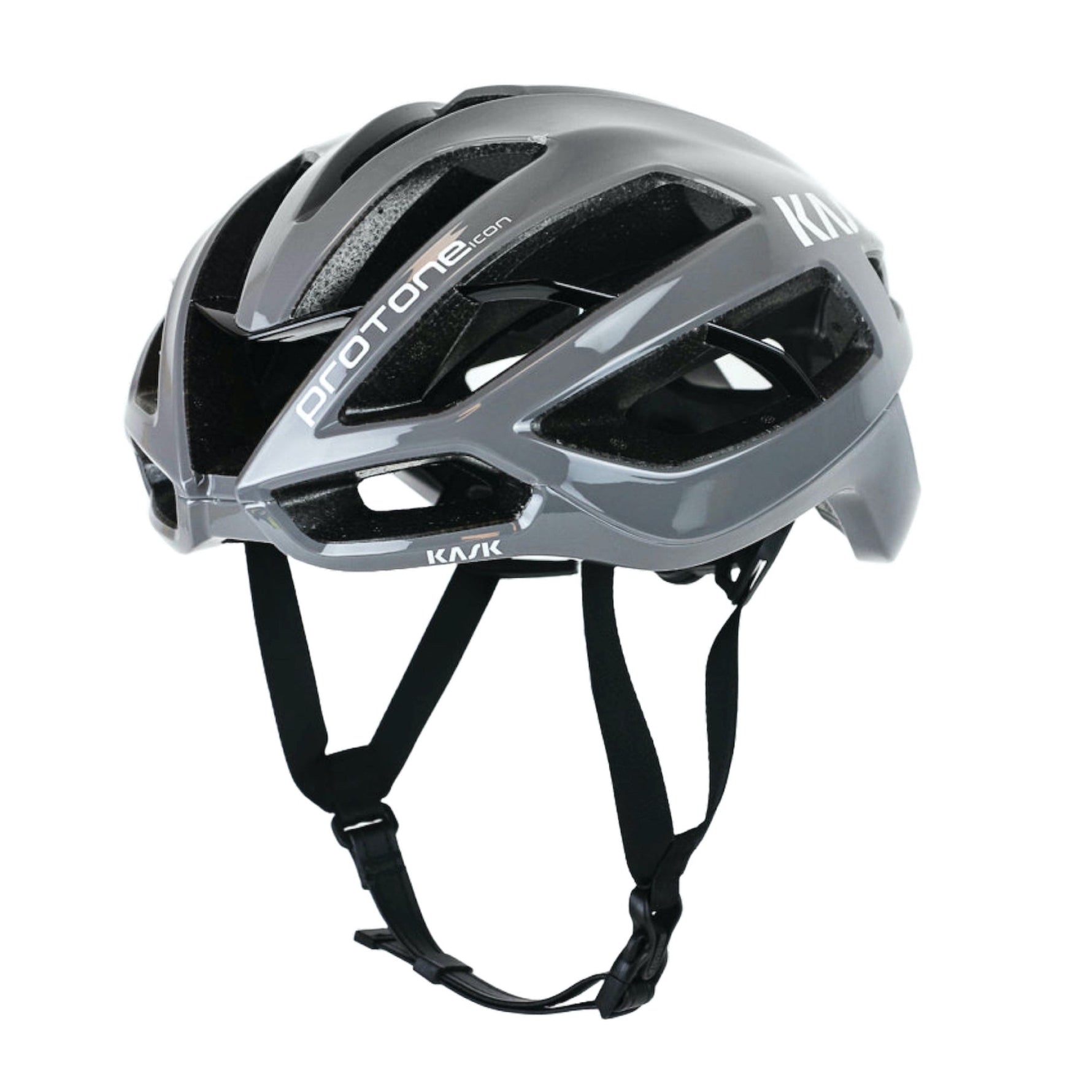 KASK Protone Icon cycling helmet in grey with black ventilation channels and chin straps