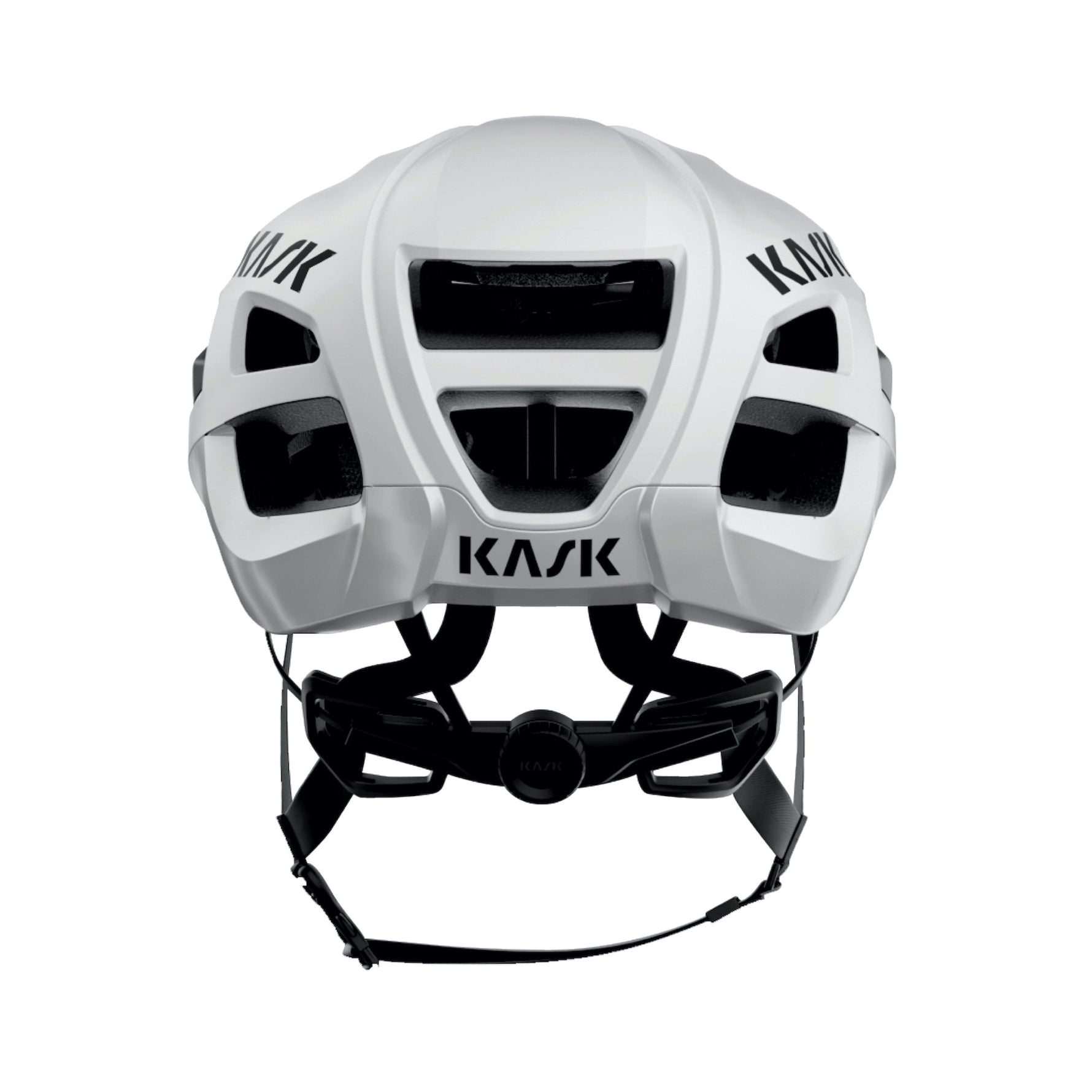 Kask Protone Icon cycling helmet in white, rear view showing ventilation and adjustment system