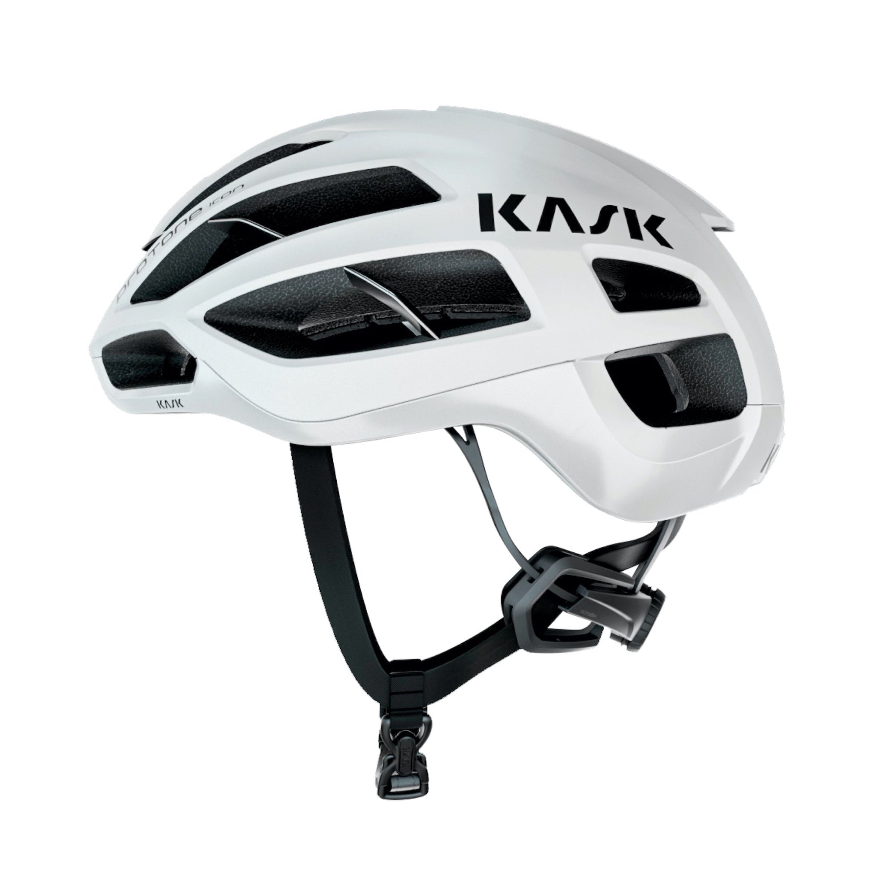 KASK Protone Icon cycling helmet in white with black ventilation padding and adjustment system
