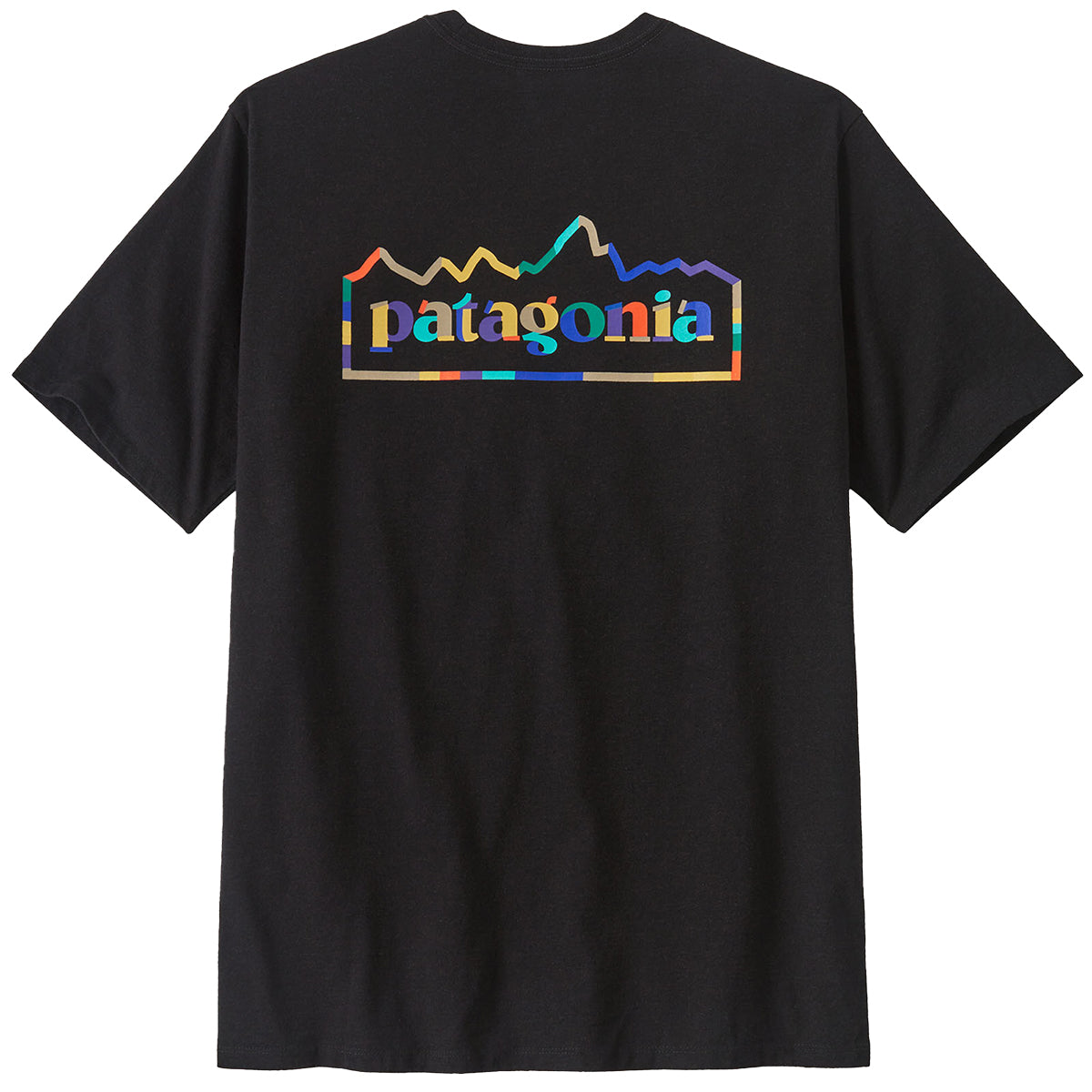 Patagonia Men's Unity Fitz Responsibili-Tee in black with rainbow mountain logo