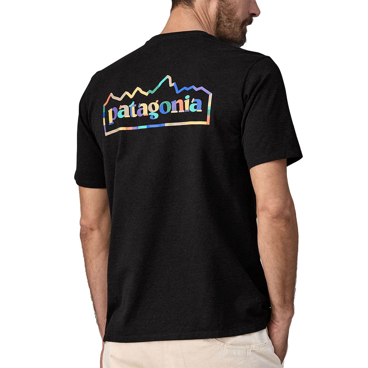 Man wearing black Patagonia Unity Fitz Responsibili-Tee with rainbow mountain logo on back
