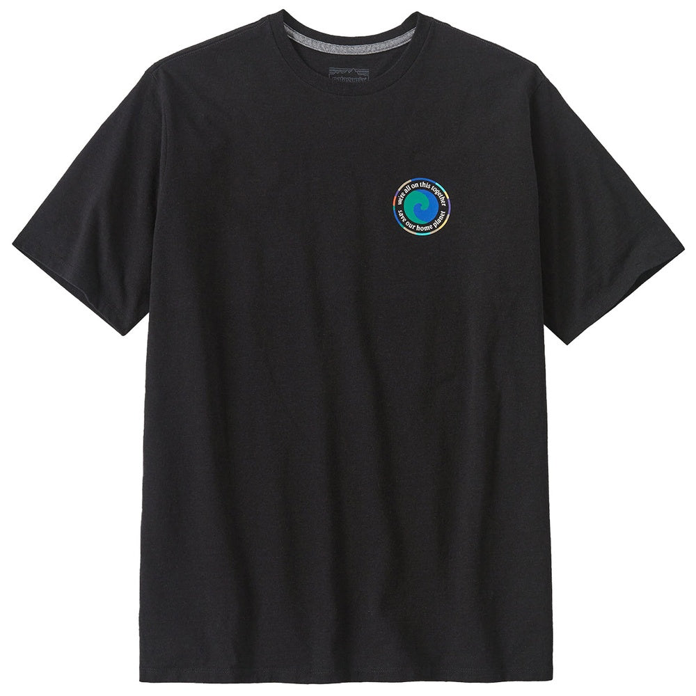 Black Patagonia t-shirt with small circular Earth logo on chest area