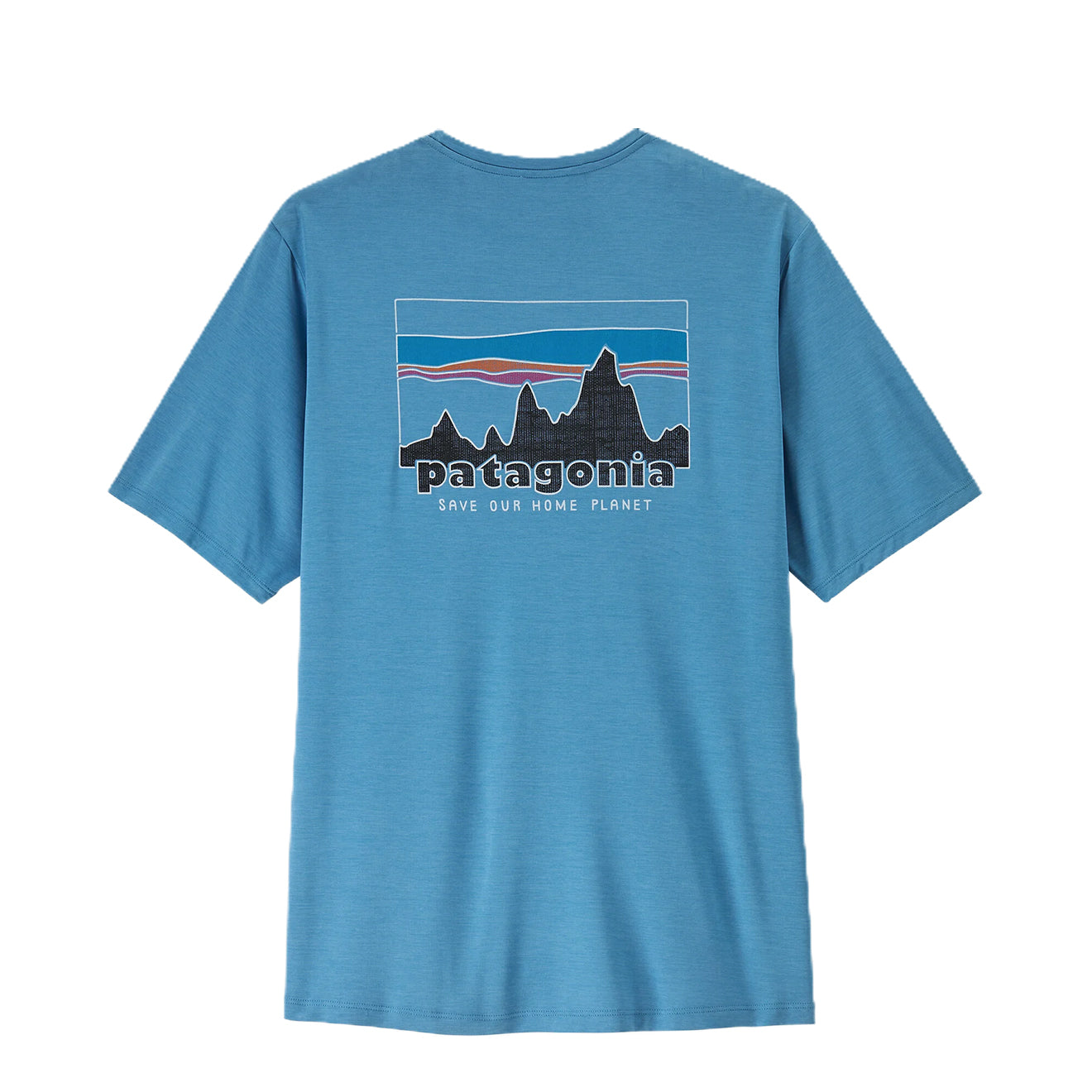 Patagonia men's light blue t-shirt with mountain logo and environmental message