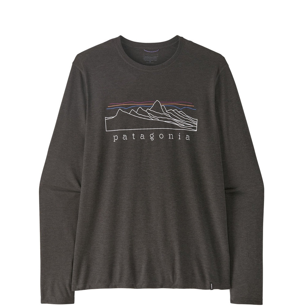 Patagonia Long-Sleeved Capilene Cool Trail Shirt in Ink Black with Stratapeaks graphic