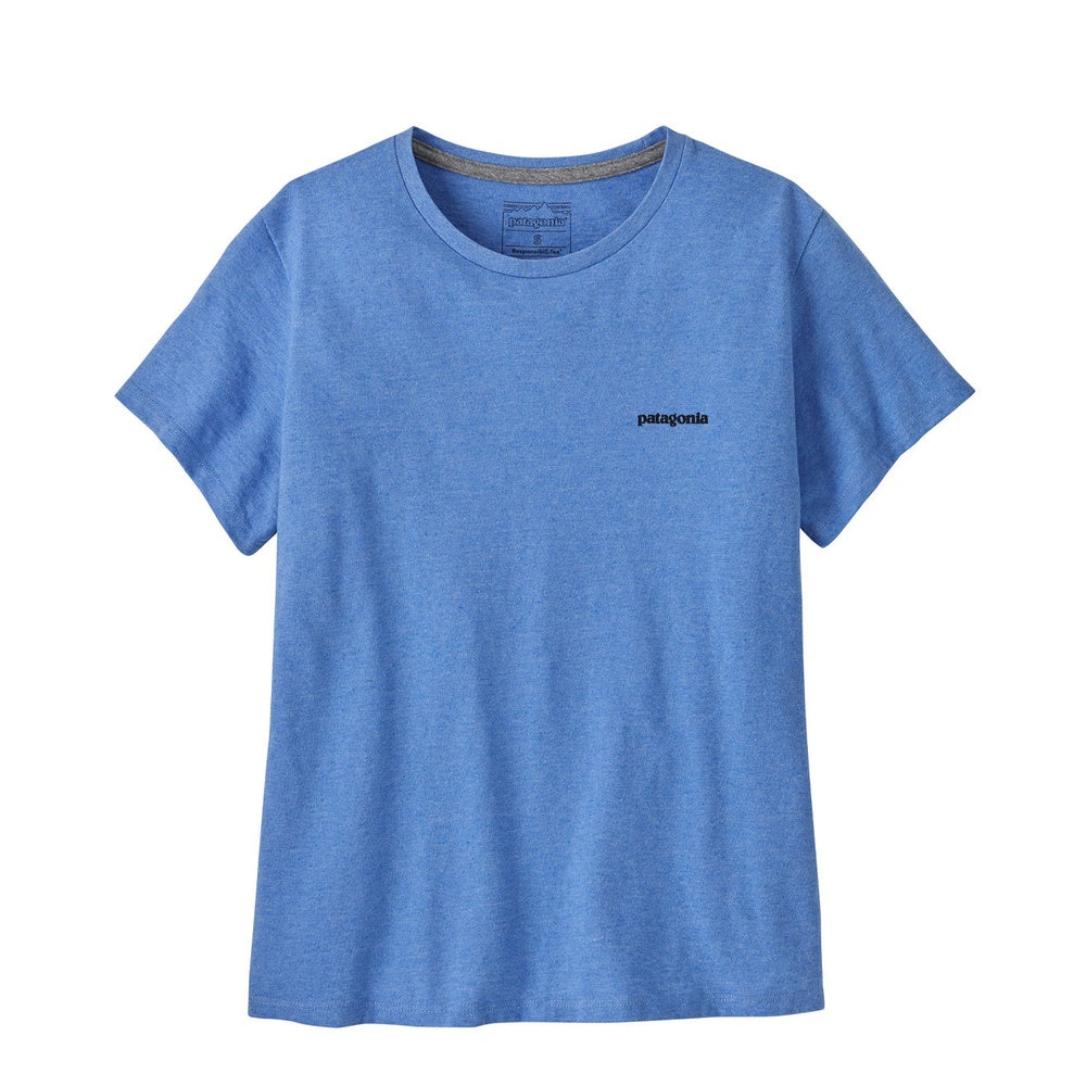 Patagonia women's blue heathered t-shirt with small black logo on chest