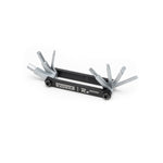 Pedro's Rx Micro 7-function folding multi-tool with hex keys fanned open on white background
