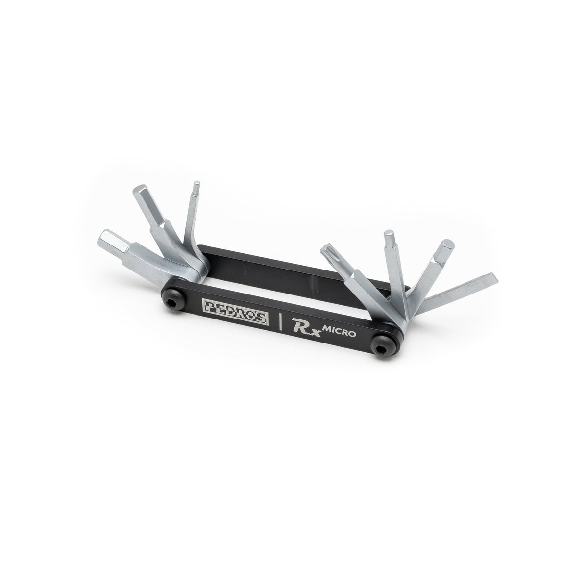 Pedro's Rx Micro 7-function folding multi-tool with hex keys fanned open on white background