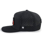 Black VZLA snapback hat with perforated ventilation holes and red accent tab