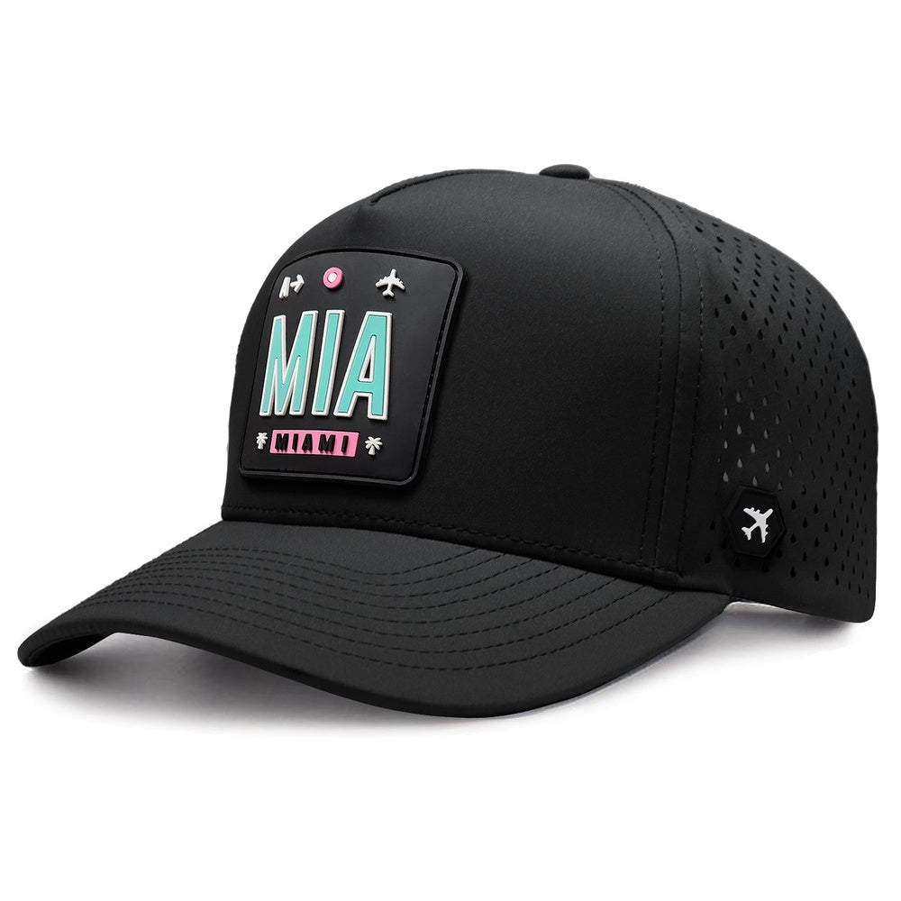 Black Miami trucker hat with MIA airport code patch and perforated sides