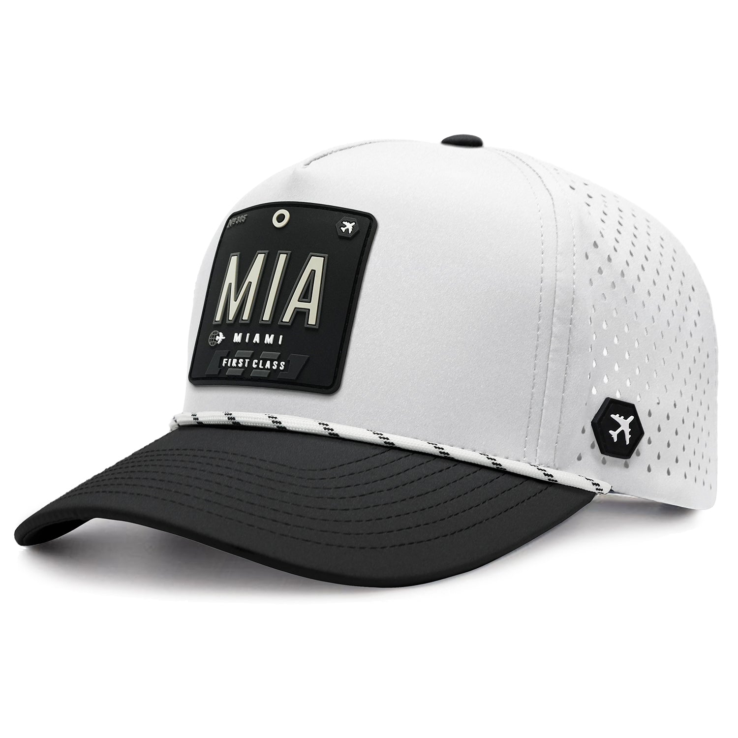 White Miami MIA trucker hat with black brim and perforated design