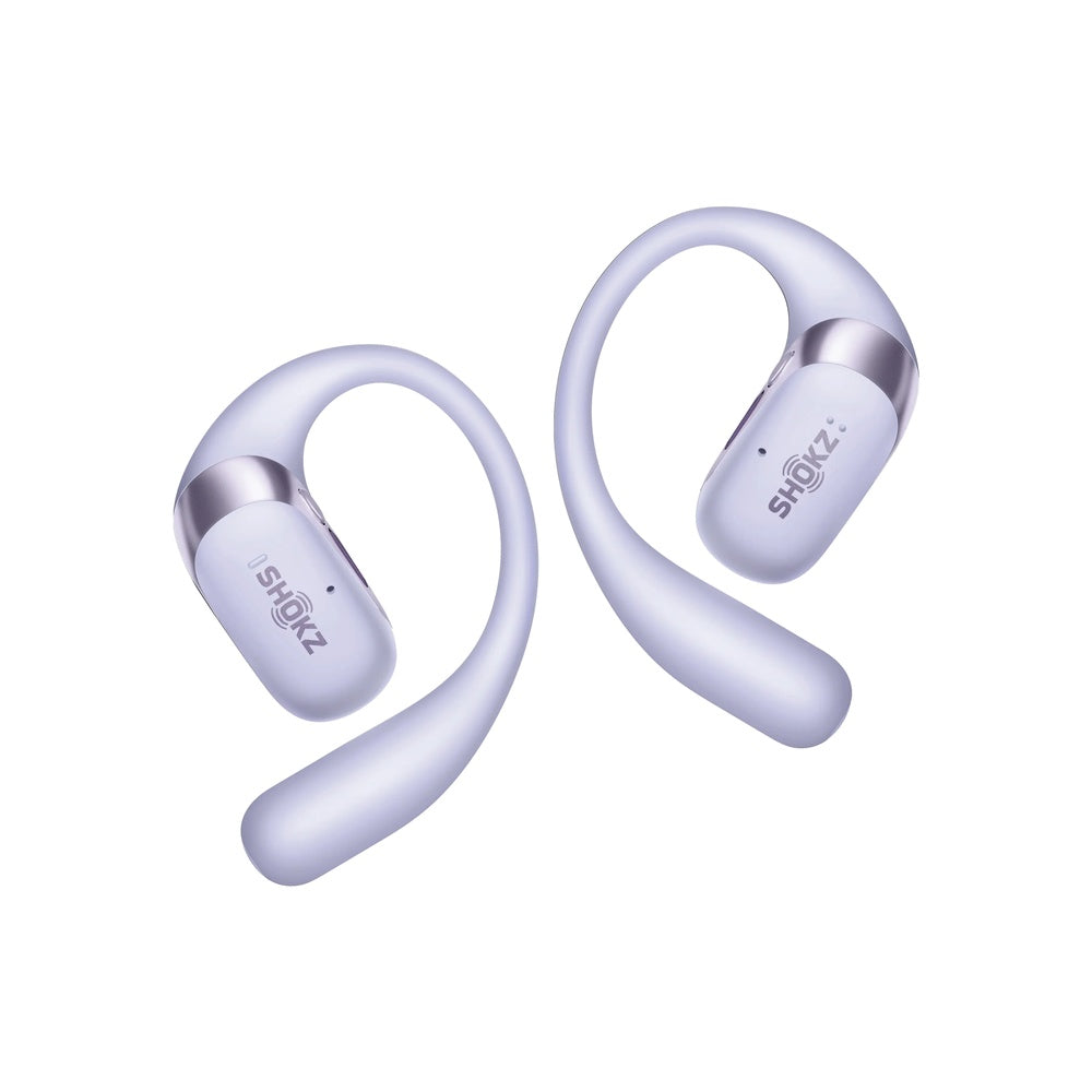 Shokz OpenFit 2+ purple wireless earbuds with ear hook design on white background