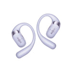 Shokz OpenFit 2+ purple wireless earbuds with ear hook design on white background