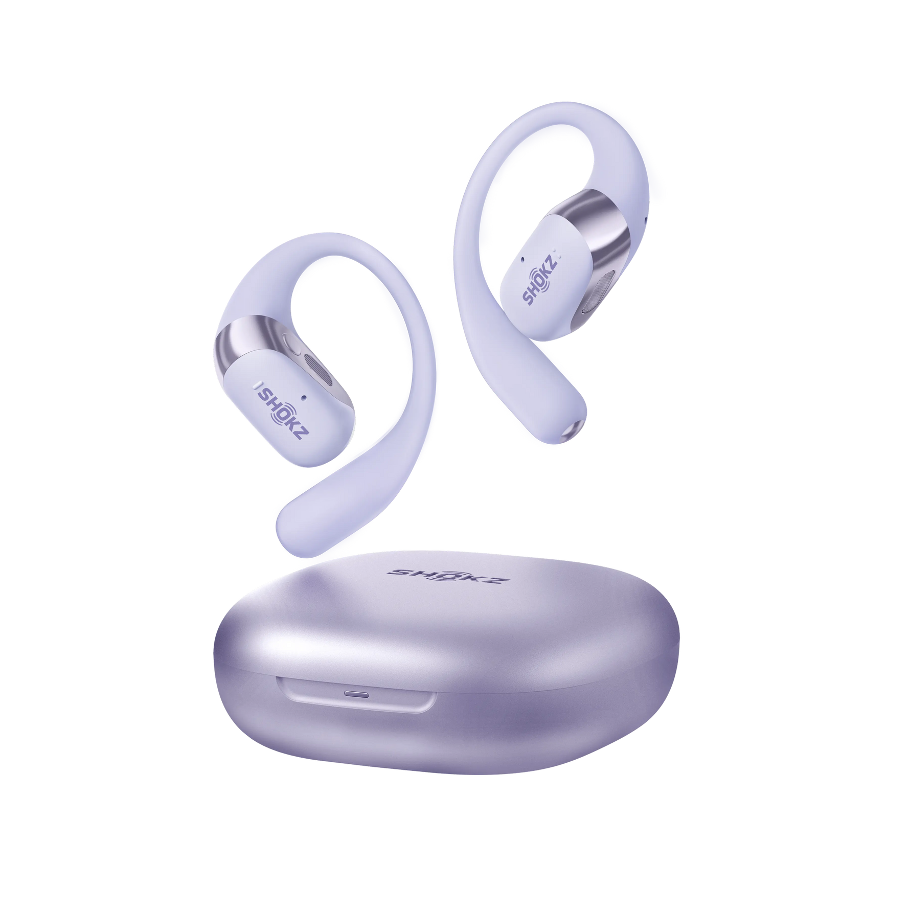 Purple Shokz OpenFit 2+ wireless earbuds with ear hooks and charging case