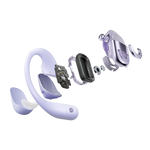 Shokz OpenFit 2+ purple wireless earbuds exploded view showing internal components
