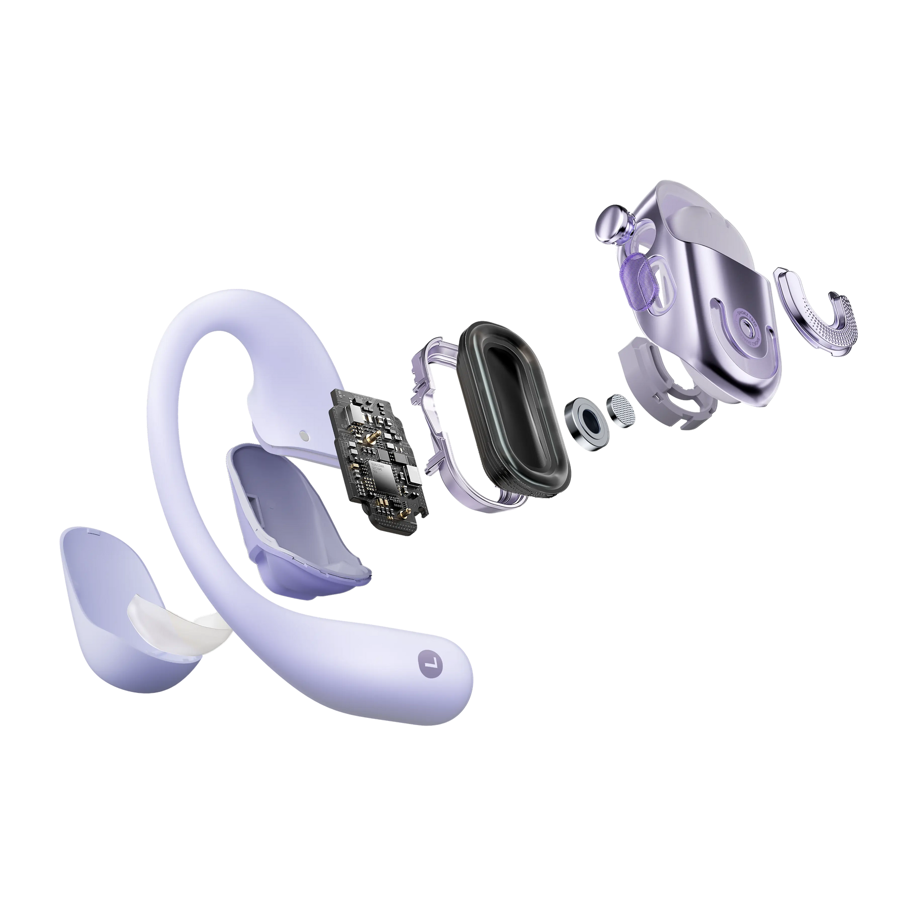 Shokz OpenFit 2+ purple wireless earbuds exploded view showing internal components