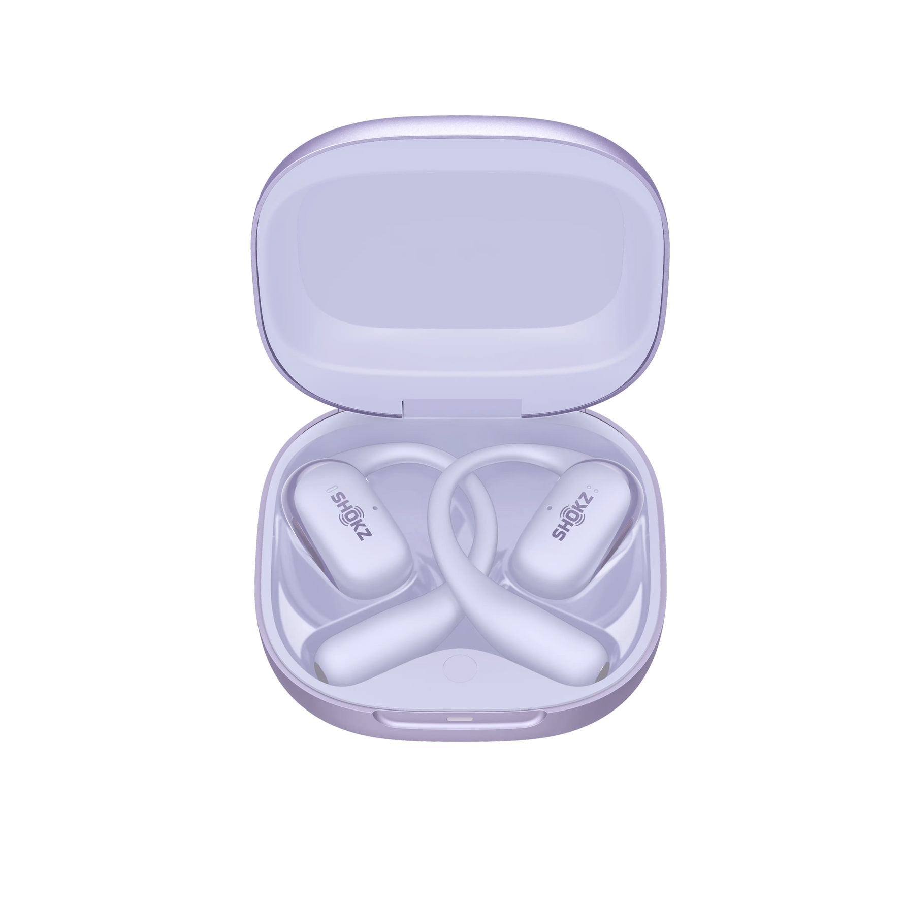 Shokz OpenFit 2+ purple wireless earbuds in open charging case