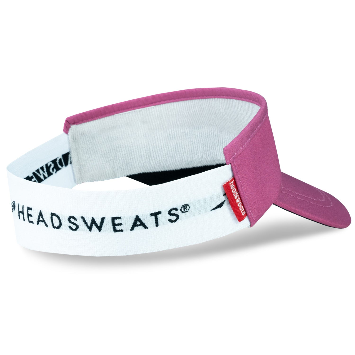 Headsweats visor in white with pink trim and black lettering on clean background