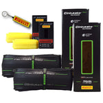 Pirelli Cinturato Velo bicycle tires with inner tubes and accessories on white background
