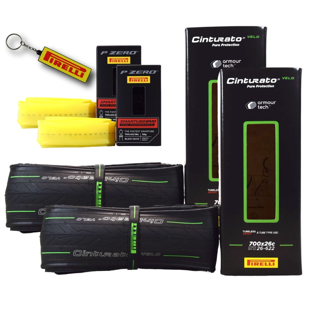 Pirelli Cinturato Velo bicycle tires with inner tubes and accessories on white background