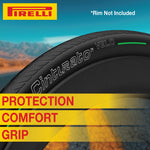 Pirelli Cinturato Velo black bicycle tire with professional desert landscape background
