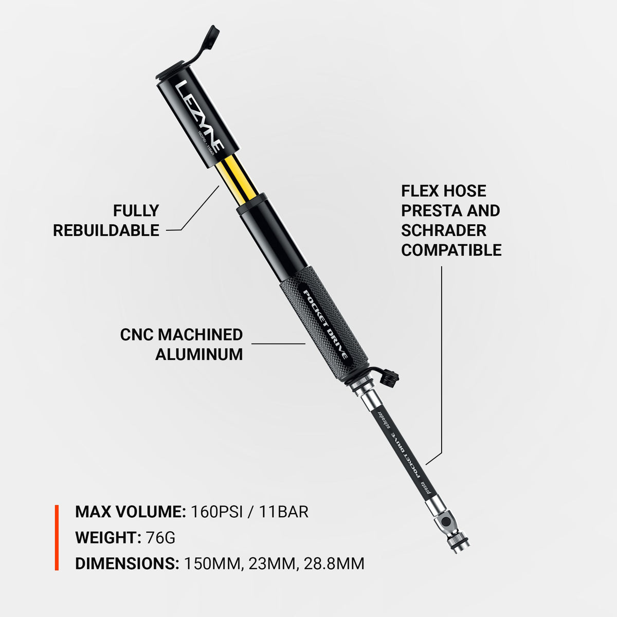 Lezyne Pocket Drive mini bike pump in black with yellow accent, showing flex hose and specs