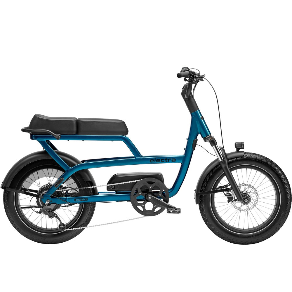 Electra Ponto Go electric bike in blue with black seat and accessories