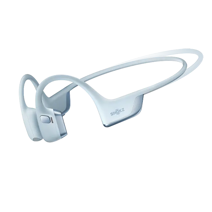 Shokz OpenRun Pro 2 bone conduction headphones in mini-silver color on white background