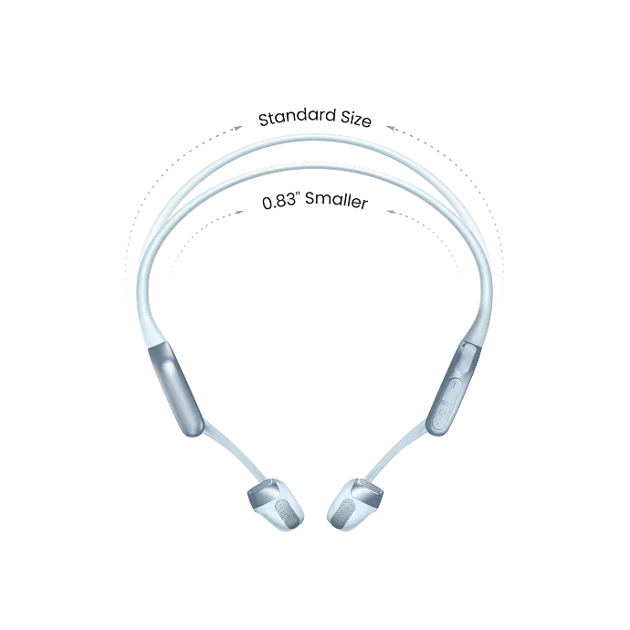 Shokz OpenRun Pro 2 bone conduction headphones in mini silver showing size comparison
