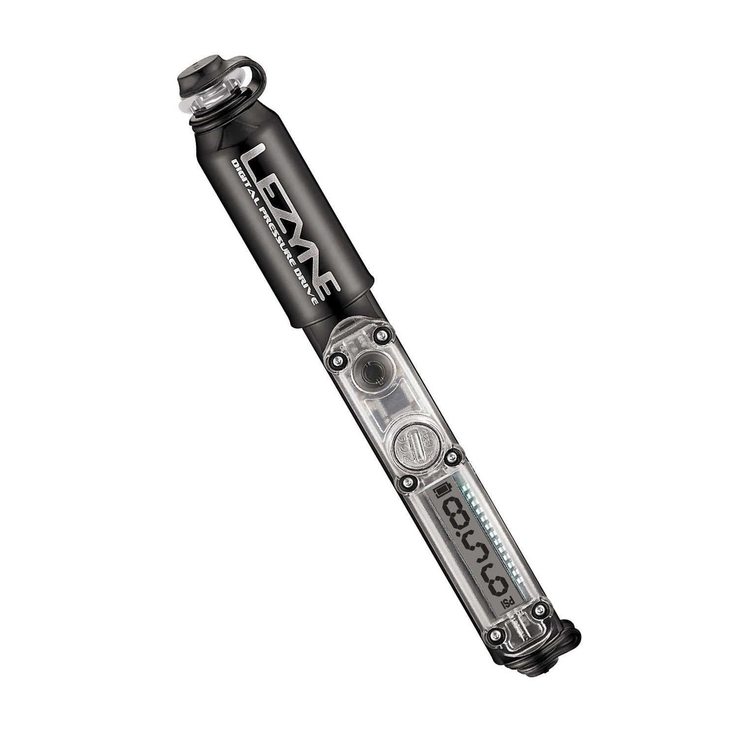 Lezyne Digital Pressure Drive bike pump in gloss black with clear pressure gauge