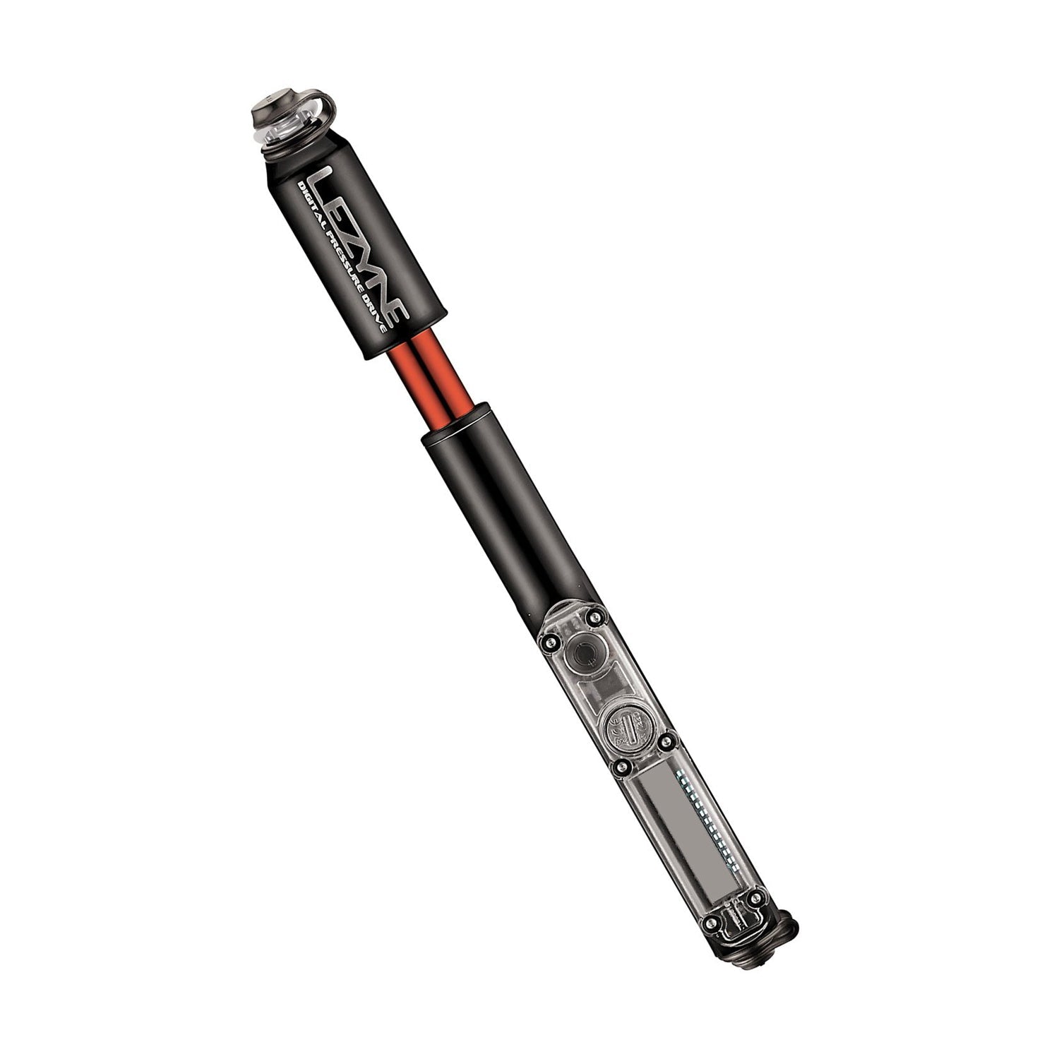 Lezyne digital pressure drive bike pump in black with red accents