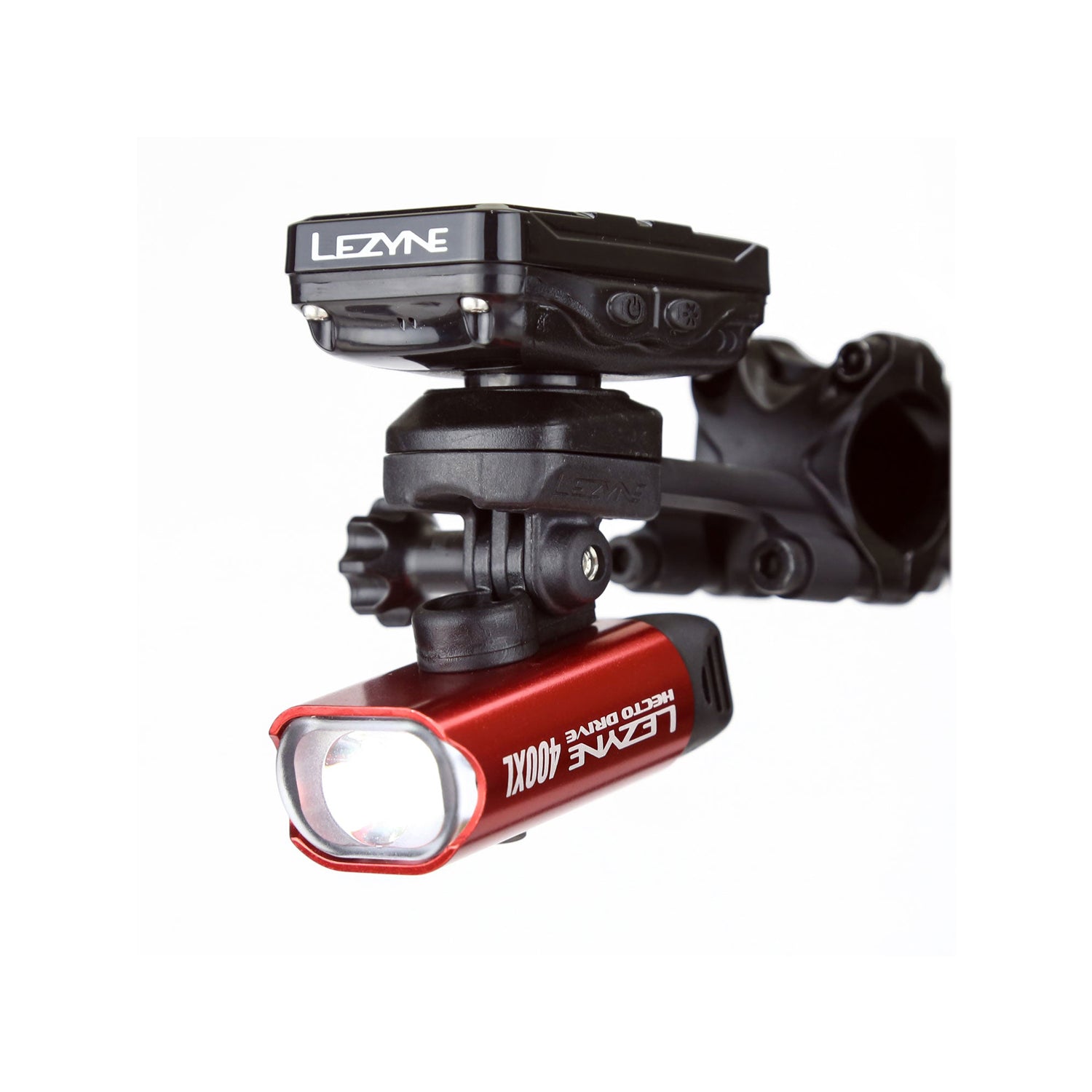Lezyne GoPro LED adapter with black mount and red light attachment