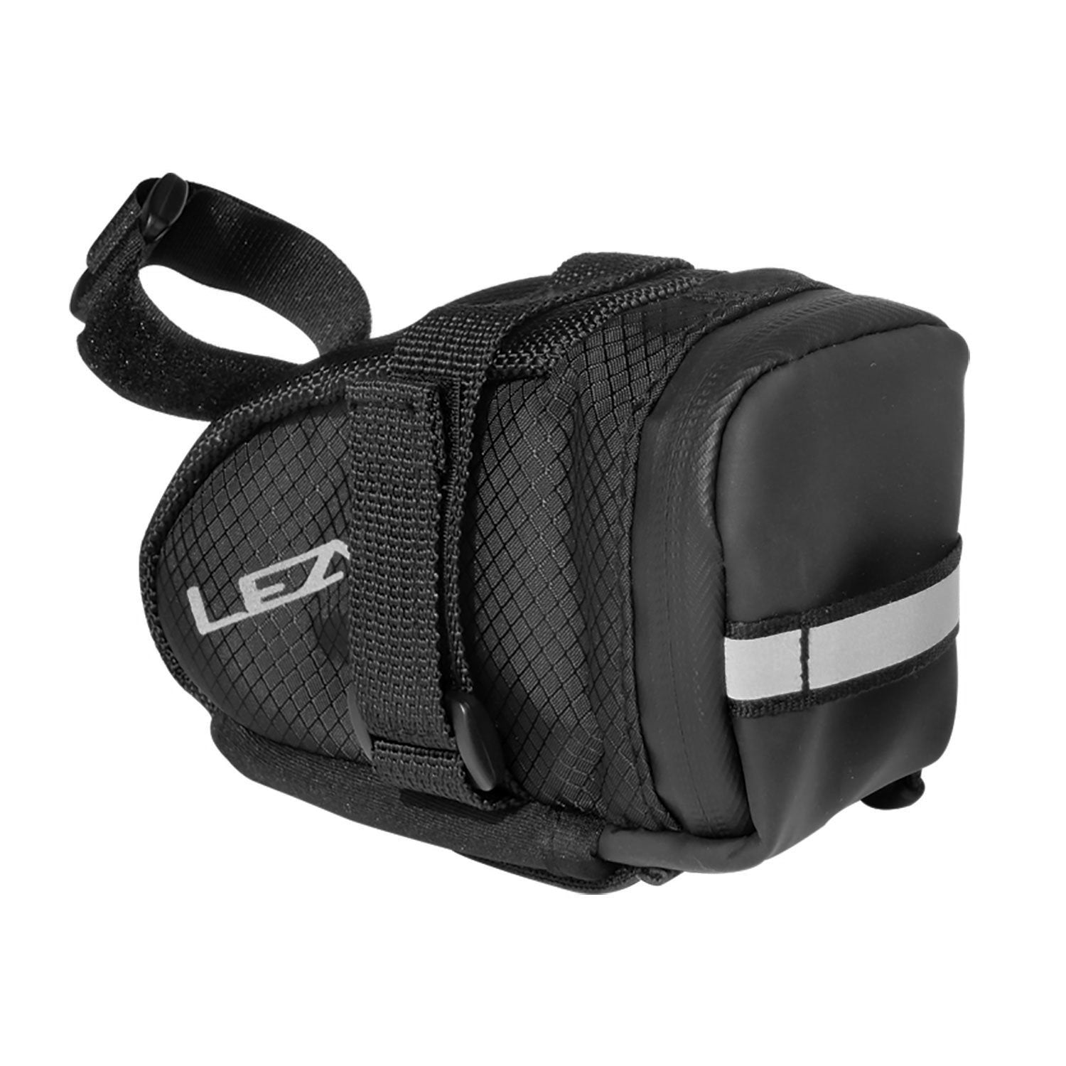 Black Lezyne bicycle saddle bag with velcro straps and reflective accents