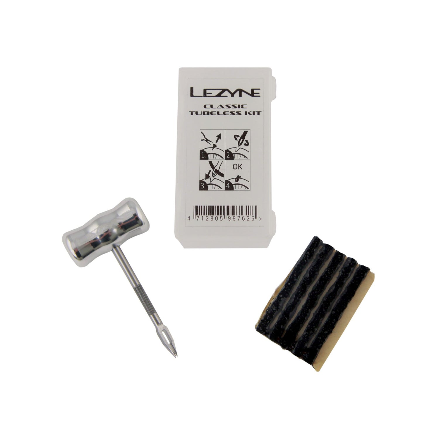 Lezyne Classic Tubeless Kit with insertion tool and rubber strips on white background