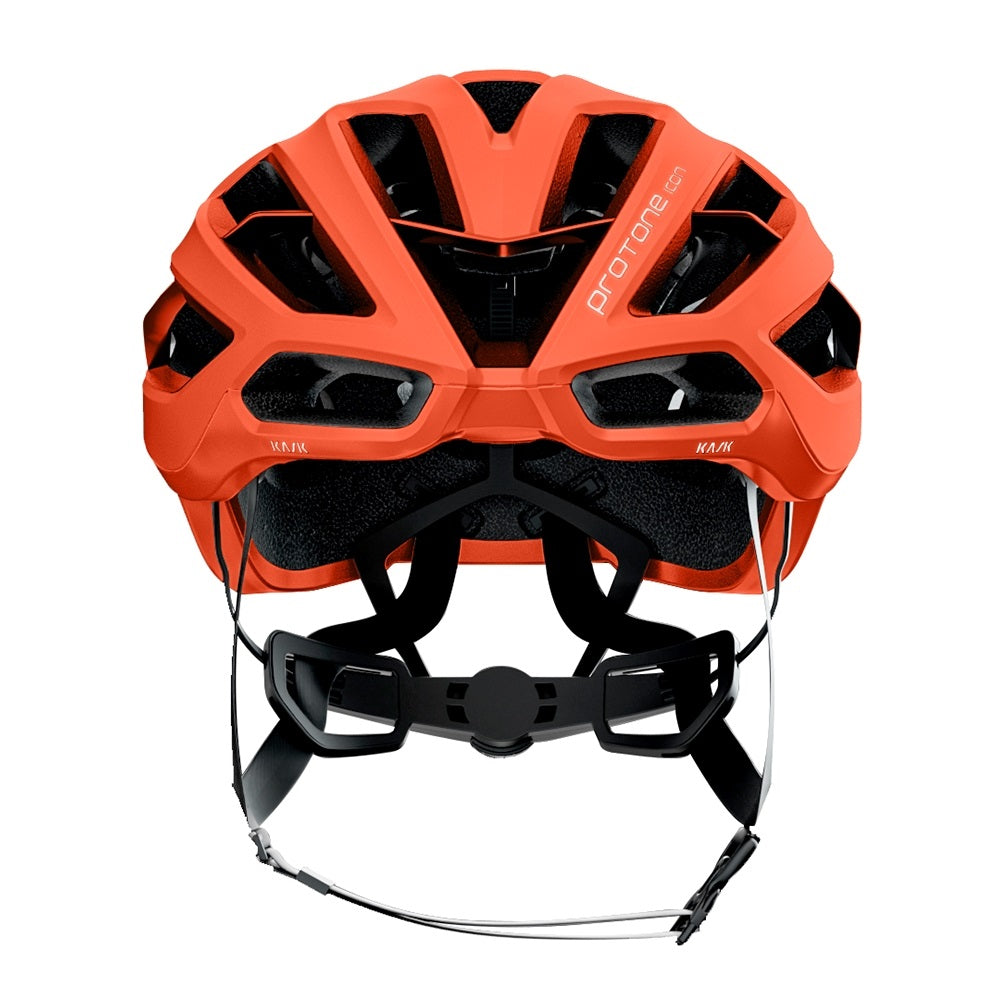 Kask Protone Icon cycling helmet in orange matt finish, rear view with adjustment system