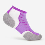 Experia Light Cushion Low-Cut running sock in electric purple, white, and gray