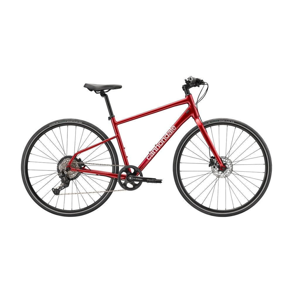 Cannondale Quick 3 hybrid bike in metallic red with disc brakes