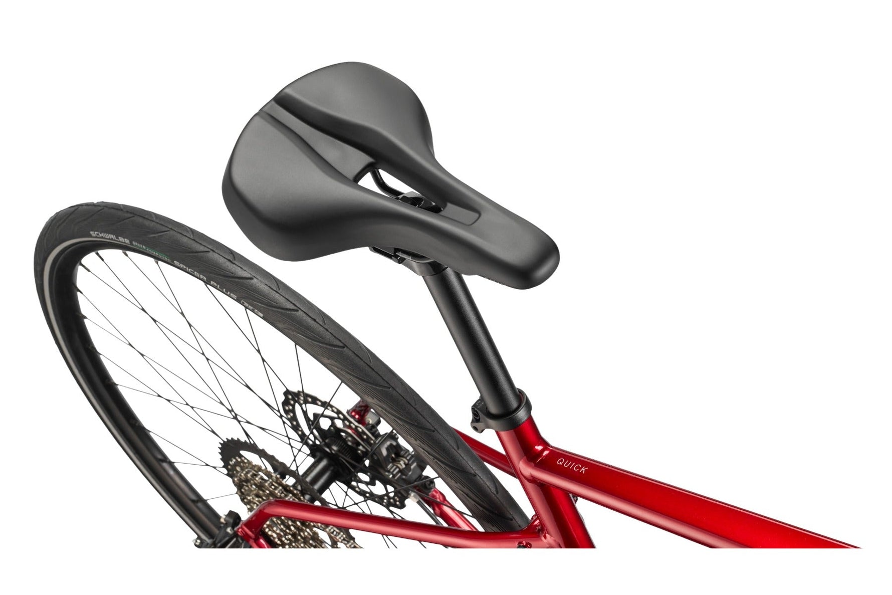 Cannondale Quick 3 bicycle rear section showing metallic red frame and black saddle