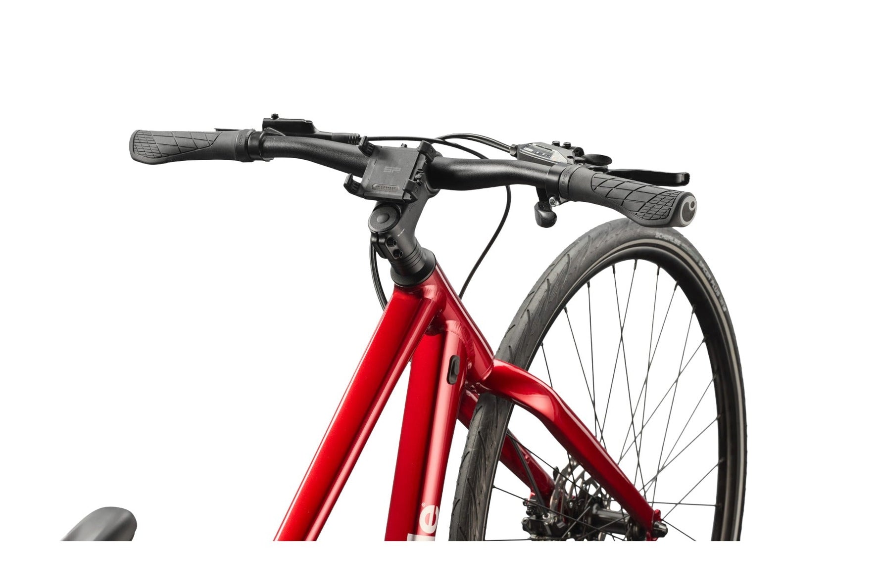 Cannondale Quick 3 bicycle in metallic red showing handlebars and front wheel