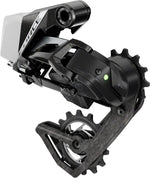 SRAM Force AXS E1 12-speed rear derailleur alternate angle showing AXS branding and LED