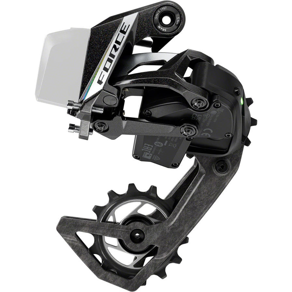 SRAM Force AXS E1 12-speed rear derailleur in black with carbon fiber cage