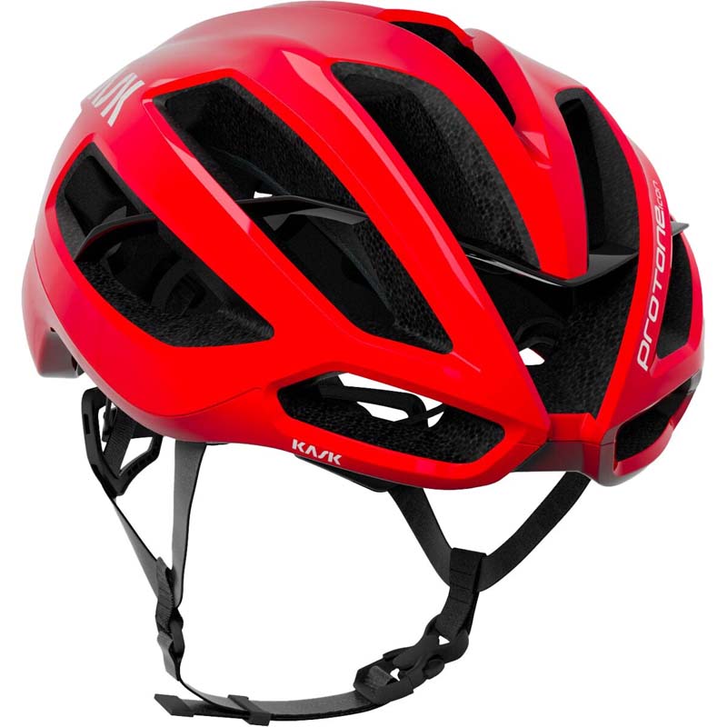 Kask Protone cycling helmet in red with black interior padding and adjustment straps