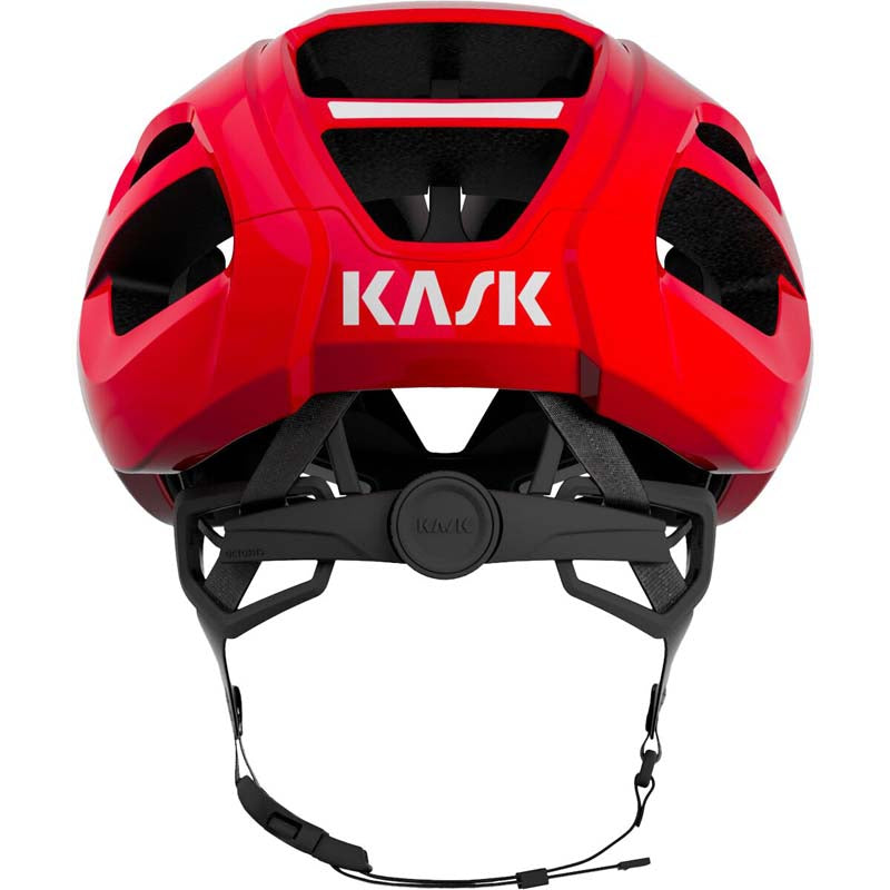 Kask Protone Icon cycling helmet in red, rear view showing ventilation and adjustment system