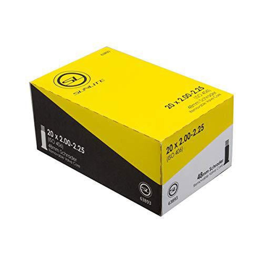Sunlite bicycle tube in yellow and black retail packaging box