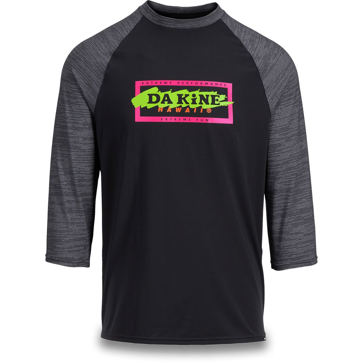 Dakine long sleeve raglan shirt in black with heathered gray sleeves and colorful logo