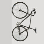 Delta grey wall mount bike rack holding bicycle vertically against white background