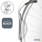 Delta grey single bike wall mount rack with bicycle illustration and brand logo