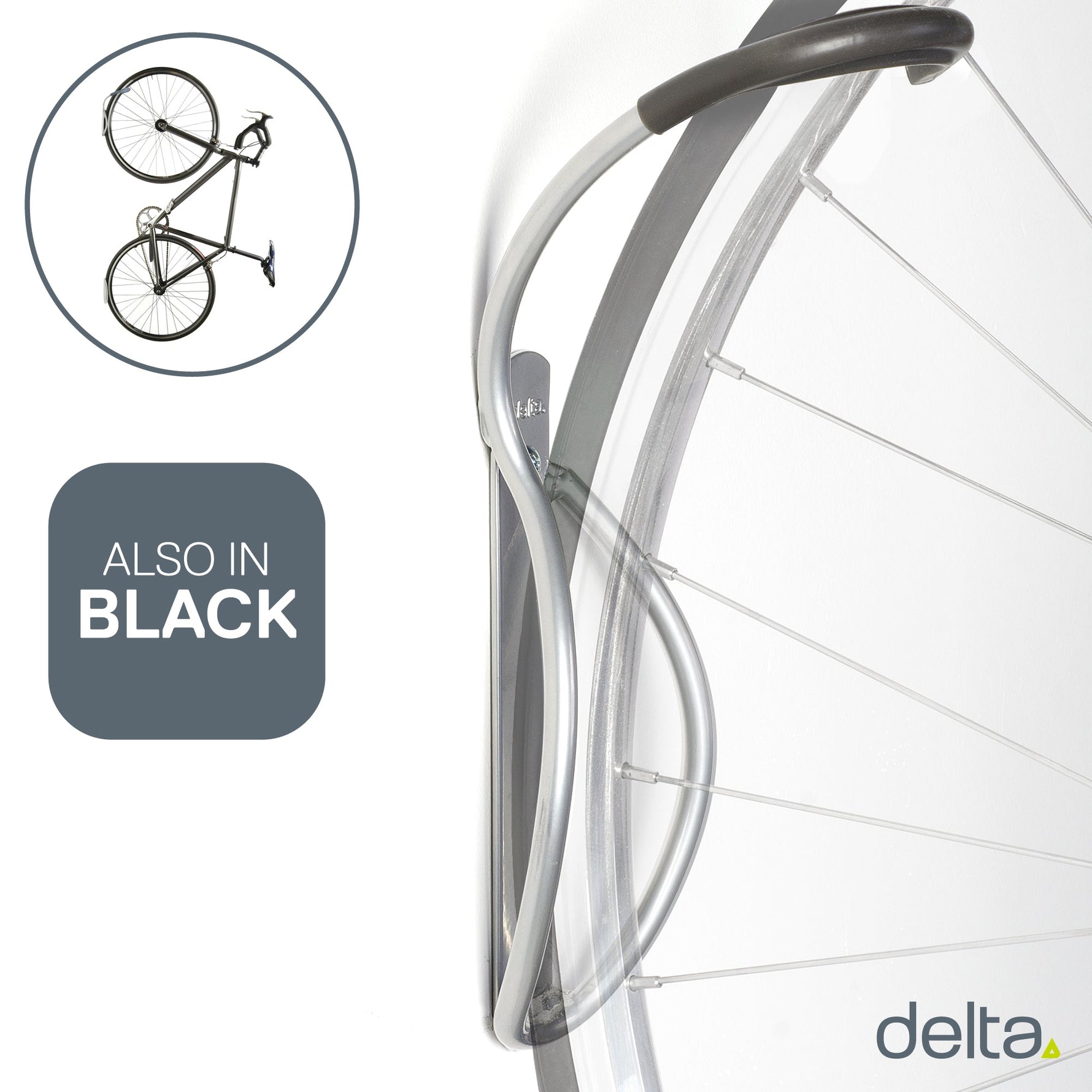 Delta grey single bike wall mount rack with bicycle illustration and brand logo