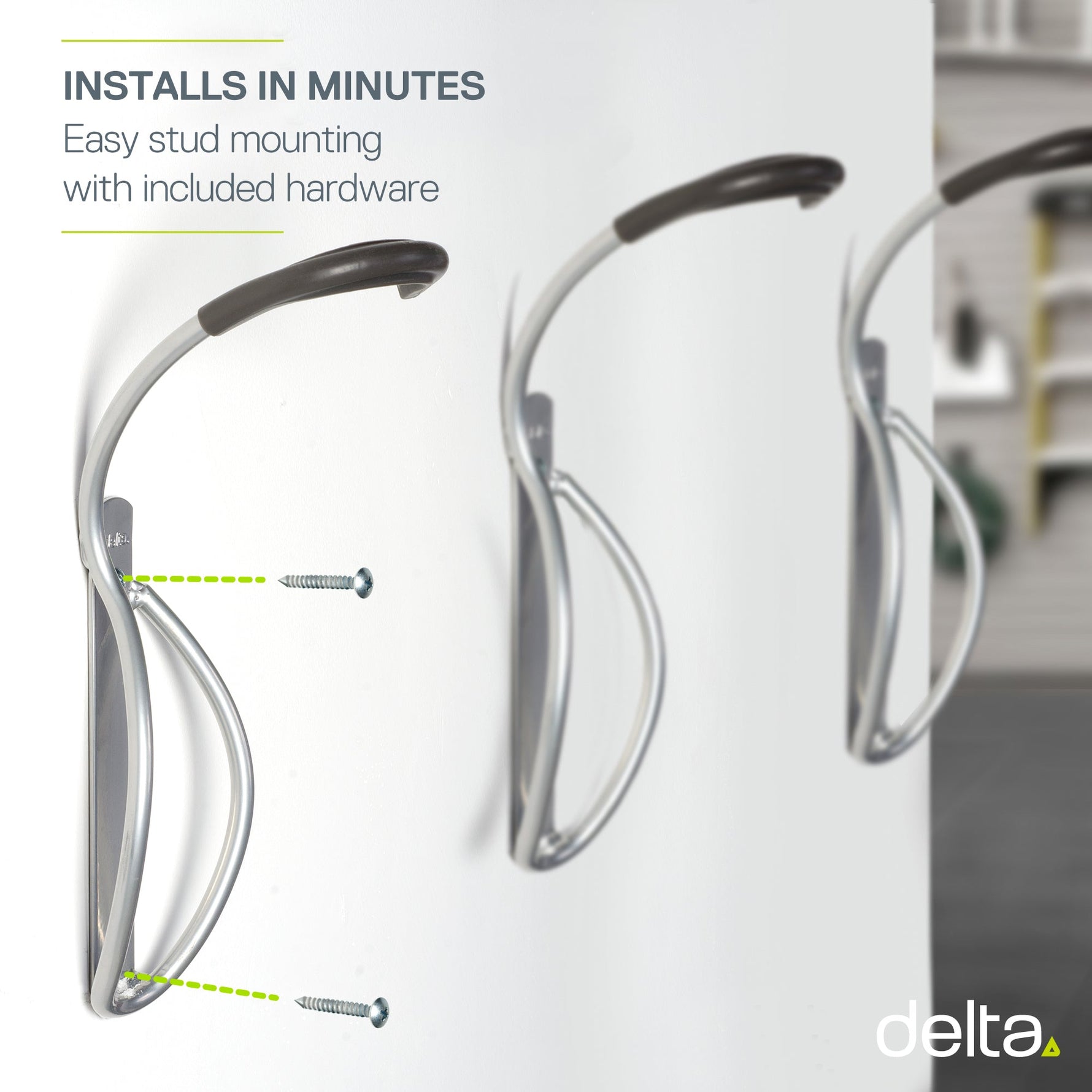 Delta grey bike wall mount rack with installation hardware shown